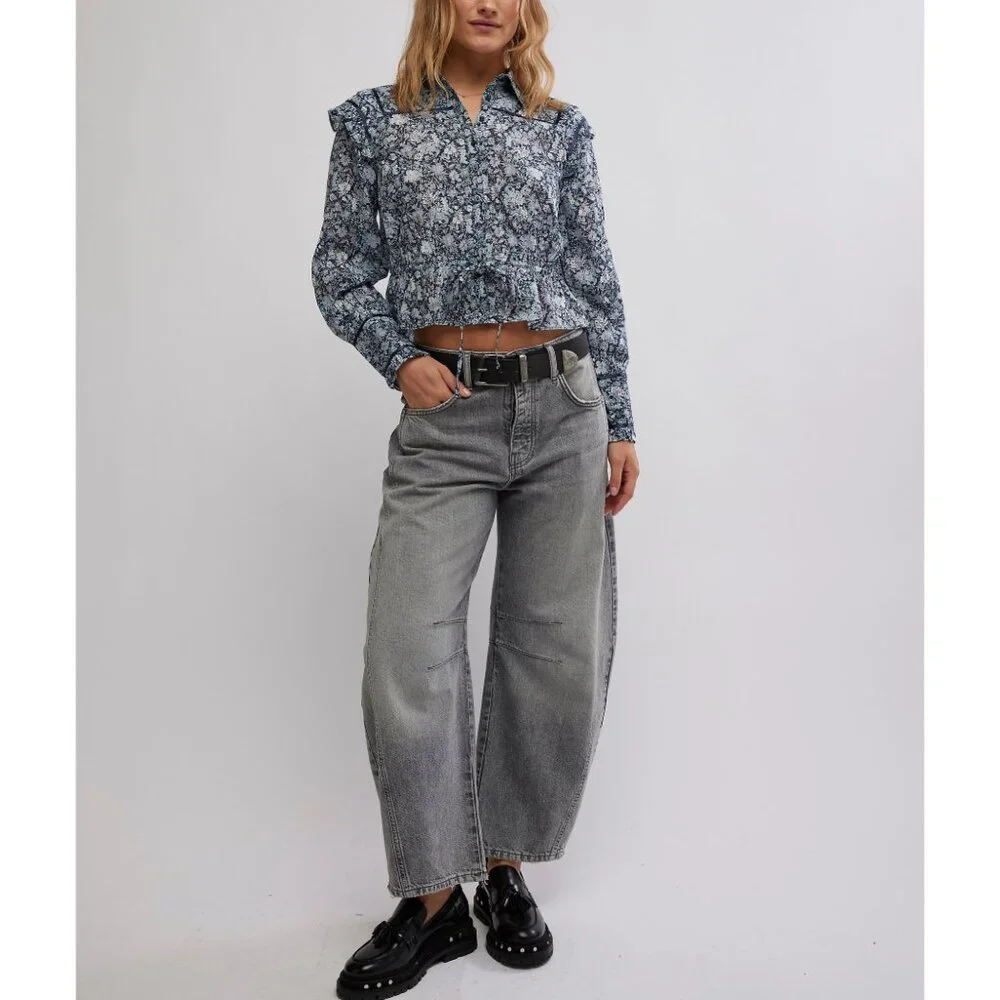 FREE PEOPLE Printed Daybreak Blouse / Chambray Combo - Picture 5 of 6